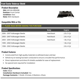 Marketplace Auto Parts Front Lower Center Undercar Engine Shield Cover - with Hardware - Compatible with 1998-2007 Volkswagen Beetle Hatchback