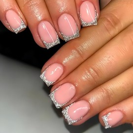 MERVF Press on Nails Medium Square, Sliver Glitter French Tip Fake Nails Elegant Glue ons Acrylic Nail Soft Gel DIY Manicure Glossy 24pcs