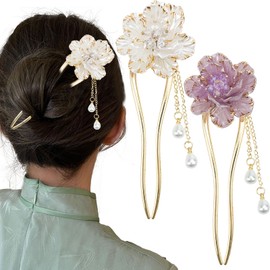 Vintage Pearl Chinese Hair Sticks, Pink and Gold Flower Design, Metal Hair Pins with Tassel, Traditional Oriental Style Hair Chopsticks for Women, 2 Pack