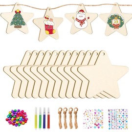 Pack of 36 Wooden Stars Wooden Pendants Christmas Craft Set for Children, Christmas Crafts Christmas Decoration Wooden Christmas Pendant Tree Decoration Christmas Gift Tags Decoration Wooden Stars