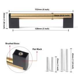 FULGENTE Brushed Brass Kitchen Handles, Kitchen Cabinet Bar Handle, Pack of 5, Furniture Handles, 128 mm, Hole Spacing, Golden Handles, Furniture, Gold, Black, Stainless Steel Railing Handles for