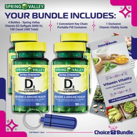 ChoiceBundle Spring Valley Vitamin D3 Softgels 125mg 5000 IU 100 Ct 4 pk Choice Bundle (400 Total) + “Vitamin Vitality” Guide & Keychain Pill Container (6 Items)!