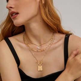 Layered Initial Necklaces for Women Trendy, 14K Gold Plated Simple Moon Square Letter L Pendant Necklace, Paperclip Chain Necklace, Initial Choker Layered Gold Necklaces Jewelry Gifts for Girls