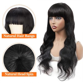 InsQueen Black Wig with Bangs 26 Inch Long Wavy Wigs for Women Body Wave Natural Looking Heat Resistant Synthetic Wig for Women Girls