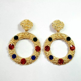Fashion Jewelry E0590 Gold Tone Nugget Style Metal Multi Rhinestones Deco Circle Dangle Earrings