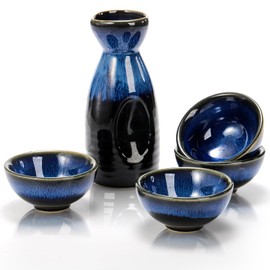 Goaste 5 Pieces Ceramic Sake Set, Kiln-Change Japanese Style Sake Cups, Traditional Pottery Sake Tumbler Set with 1 Carafe and 4 Cups in Dark Blue for Hot or Iced Sake, Dishwasher Safe