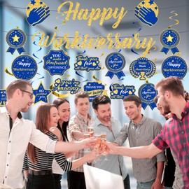 Frakron Blue Happy Work Anniversary Banner decorations Navy Blue Gold Happy Workiversary Banner Office Anniversary Party Hanging Swirls Banner for Employee Worker Office Party Decor Supplies