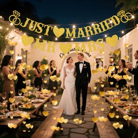 Just Married Decorations Set Just Married Banner Wedding Decoration - Gold Mr and Mrs Glitter Heart Garland Hanging Decor, Justt Marriedd Engagement Bunting Banners for Bridal Shower Party Supplies