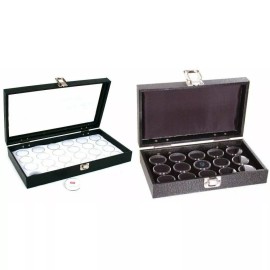 FindingKing 24 White Gem Jars W/Glass Top Case,Black Foam15 Gem Jars Travel Tray Display Kit
