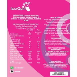 IsaaQuim Colágeno Hidrolizado con Ácido Hialurónico 500 g | 50 Porciones de 10 g | Con Biotina, Vitaminas C y E, Magnesio y Zinc | Sin Sabor | Apoya Piel, Cabello y Articulaciones