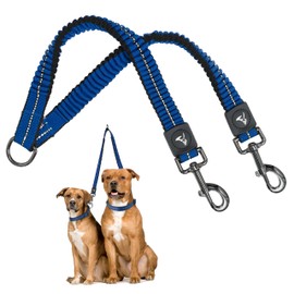 Kruz Double Dog Coupler - KZVX2-15S - Tangle Free Dog Walking and Training Dual Extension Coupler - Comfortable, Shock Absorbing - Reflective Bungee Coupler for Two Dogs - Blue - 5/8" x 14"