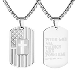 RUOOUY American Flag Bible Verse Cross Necklace for Men Inspirational Bible Verse Dog tag Pendant Stainless Steel Chain 22+2 inch Religious Jewelry Patriotic Gift for Men（With God-Silver）