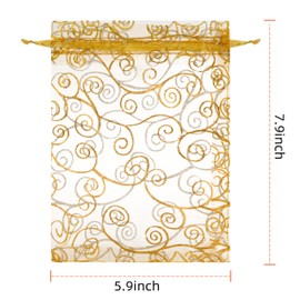 Staruby Organza Gift Bags 50 Pcs Gold Sheer Organza Bag 6x8 Inch Mesh Favor Bags Drawstring Jewelry Rattan Printed Gift Pouches for Wedding Party Favors Baby Shower Christmas Gifts Candy Bags