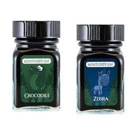 Monteverde 60ml Ink, Crocodile (Green), Zebra (Blue) Jungle Ink (G309CR, G309ZE) Fountain Pen Ink (30ml Each Ink Bottle, 2 Pack)