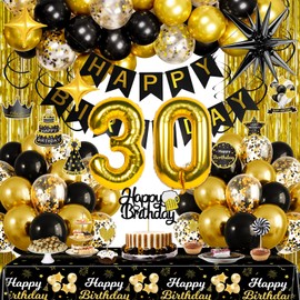 Black and Gold 30th Birthday Decorations for Men Women, Gold Party Decorations include Happy Birthday Banner, Tablecloth, Fringe Curtains, Star Foil Balloons for 30th Birthday Decorations