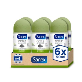 Sanex Natur Protect Deo Roll-On, 24H-Schutz vor schlechtem Geruch, mit Alumbordstein, 0% Alkohol, frei von Allergenen und Farbstoffen, normale Haut, 6 Stück x 50 ml