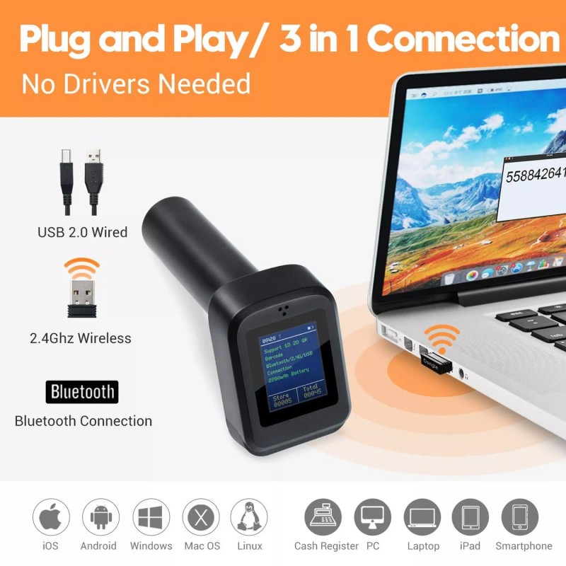 Tera Pro 1D 2D QR Wireless Barcode Scanner with Display