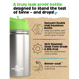 Kids Water Bottle with Straw Leak Proof - Insulated Double Wall Stainless Steel - 12 oz Easy-Sip Toddler Cup - Child Proof Flask - Eco-Friendly Water Bottles (Stainless)