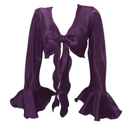 Indian Trendy Women's Satin Ruffle Sleeve Tie Top Choli Blouse Belly Dance Gypsy, Purple, One Size