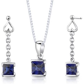 PEORA Created Blue Sapphire Drop Earrings and Pendant Necklace Jewelry Set for Women in Sterling Silver, 2.75 Carats total Princess Cut, with 18 inch Chain, Sparkling Blue Sapphire Jewelry,