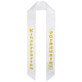 GraduationMall White Satin Kindergarten Graduation Sash with Printed Bear for Kids in Gold Fonts