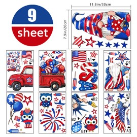 Yovkky 4th of July Gnome Owl Window Clings 9 Sheets, American Patriotic Eagle Truck Window Stickers Decal Decor, USA Independence Memorial Day Summer Holiday Window Glass Home Kitchen Decorations