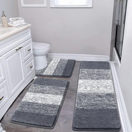 Pauwer 3 Piece Bath Mat Set Bathroom Rugs, Non Slip Plush Bathroom Mats, Absorbent Shaggy Bathroom Rug Set with U-Shaped Contour Toilet Mat for Laundry Room Bedroom Living Room, Dark Grey