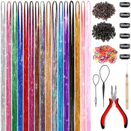 AMGPT 48 Inch Glitter Hair Tinsel Extensions Kit (16 Colors, 4800 Strands) With Tools - Heat Resistant Fairy Hair Accessories for Women, Girls, Kids
