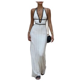 SOLY HUX Women's Tie Backless Maxi Halter Dress Deep V Neck Sleeveless Knit Elegant Dresses Solid White Large