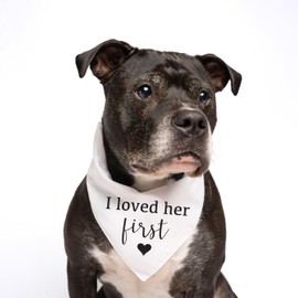 I Loved Her First Dog Bandana | 100% Cotton Triangle | Made in USA | Wedding Photo Prop | Bridal Shower | Engagement Announcement | White, X-Small (652)