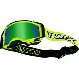TWO-X Atom Cross Goggles - Motocross Goggles with Mirrored Green Lens - Motorcycle Goggles - Enduro & Downhill - Safety Goggles - Vortex Neon Yellow