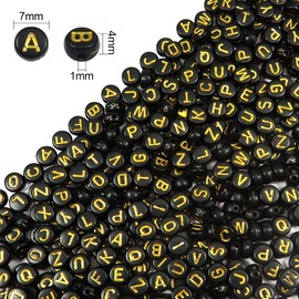 TOAOB 1440pcs 7 x 4 mm Acrylic Alphabet Letter Beads A to Z Black Round and Gold Heart Design with 15 mm Crystal Thread for DIY Bracelets Necklaces Jewellery Making