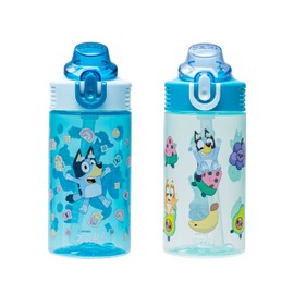 Zak Designs Bluey Sage Kids Water Bottle For School or Travel, 16oz Durable Plastic Water Bottle With Straw, Handle, and Leak-Proof, Pop-Up Spout Cover, 2-Pack Set (Bluey & Bingo)
