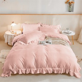 2 Pieces Single Pink Ruffle Bedding Set Ruffle Frills Duvet Cover Set Soft Microfiber Duvet Cover 135 x 200 cm