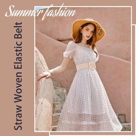 HOLEMZ Women's Straw Belt Brown Beige Waist Belt Straw Elastic Slim Dress Wide Braided with Buckle Gifts for Women Girls Decorative Jeans Jumper Beach Pack of 2, beige, brown