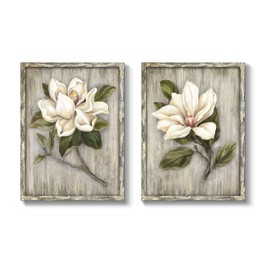 TAR TAR STUDIO White Flower Magnolia Canvas Wall Art: Blossom Floral Artwork Over Wood Background Canvas For Bathroom Living Decor Rustic Wall Decor for Farmhouse Kitchen(18''H x 24''W x 2PCS)
