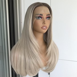 mytonecoo Layered Wig Lace Front Wig Ombre Ash Blonde 13x4 HD Glueless lace Straight Synthetic Lace Wigs with Dark Roots Middle Part Pre Plucked Premium Fiber Hair Lace Wig for Women 22 Inch