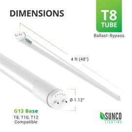 Sunco Lighting 10 Pack 4FT T8 LED Tube, 18W=40W Fluorescent, Frosted Cover, 5000K Daylight, Single Ended Power (SEP), Ballast Bypass, Commercial Grade - UL Listed, DLC