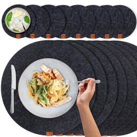 Miqio® Felt and Leather Design Place Mats (Round) – Set with 4 Washable Premium Placemats 37 cm and 4 Drinks Coasters