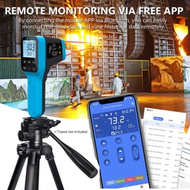 HOLDPEAK Pyrometer D:S=30:1 with Bluetooth, High Temp Infrared Thermometer -58℉~2912℉, Non-Contact Industrial Digital IR Laser Thermometer Gun with Waterproof Touch Button (NOT for Human)