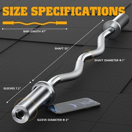 Bupans Olympic Barbell Curl Bar, 47” Strength Training EZ Bar, 370 lbs Weight Capacity for 2-Inch Weight Plates for Biceps Curl, Squat, Weightlifting with 2 Spring Collars (47” Ez Curl Bar)