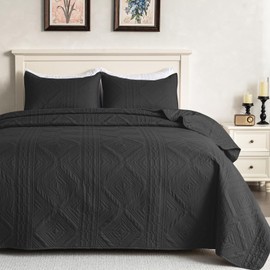 sponwilar King Quilt Black Quilt Cover Set King Size-Soft Bedspread Black Bedding Coverlet Set for All Seasons, 3 Piece Luxury Thin Comforter,Warm Quilted Blanket with 2 Pillow Shams(Black，King)