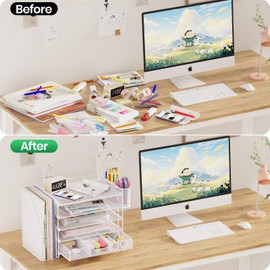 OPNICE Desk Organizers and Accessories, 5-Tier Paper File Organizer with Drawer & Pen Holder, Office Desk Accessories Workspace Desktop Organizer for Office Supplies (White)