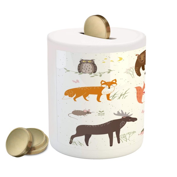 Lunarable Cabin Piggy Bank, Animals in The Springtime Meadow Childish Woodland Fauna Kids Baby Room Nursery, Ceramic Coin Bank Money Box for Cash Saving, 3.6" X 3.2", Brown White