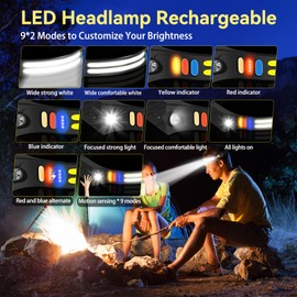 Rechargeable Headlamp, 230° Wide Beam LED Headlight Headband Flashlight with Motion Sensor, 350 Lumen Dual Led Strip Super Bright, 8 Modes Head Lamp Band for Running, Fishing, Hiking, Camping