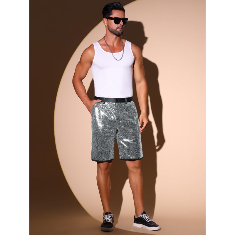 Lars Amadeus Sparkly Silver Sequin Shorts for Men's Straight Leg