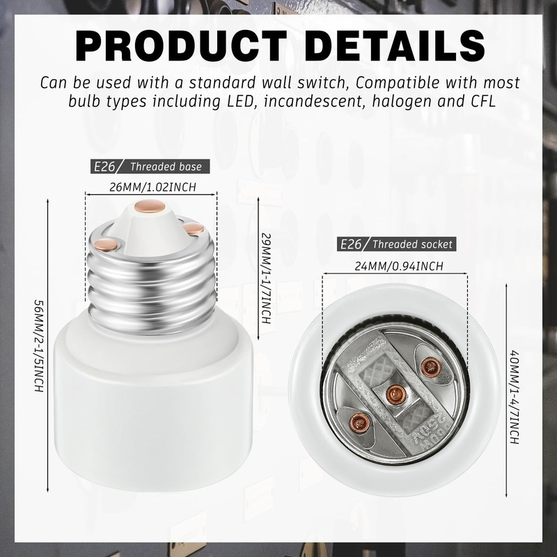 Glooglitter 10 Pack E26 Socket Extender E26 Light Bulb Porcelain