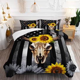 AILONEN Bull Skull Comforter Set Queen Size,Camo American Flag Bedding Set for Boys Kids Men,3 Pieces Yellow Sunflower and Cow Skull Bed in a Bag,Bull Skull Quilt with 2 Pillowcases