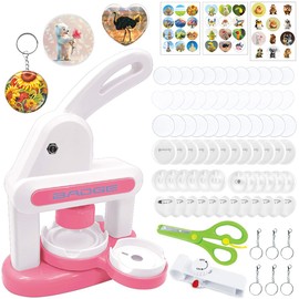 2025 New Badge Making Kit, Badges Punch Press Machine with Multiple Sizes (35mm+55mm+Love), DIY Pin Badge Maker Button Maker Kit with 36X Badges, 1X Round Paper Cutter, 1X Cute Stickers (Pink)
