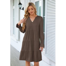 MEROKEETY Women's 2024 Long Sleeve Midi Dress V Neck Flowy Swing Ruffle Tiered Fall Casual Dresses, LightCoffee, M